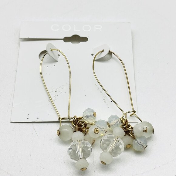 Gold Tone Drop Earrings White Bead Cluster Clear Crystal Dangle Modern - Picture 3 of 10